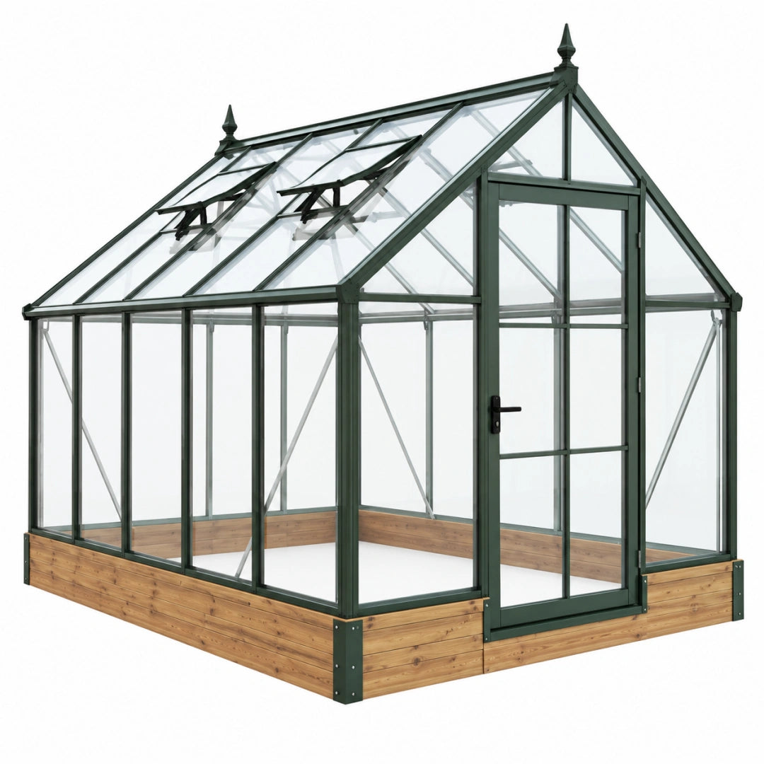 Serre de jardin 240 x 240 x 250 cm métal vert foncé bois panneaux transparents toit ouvrant