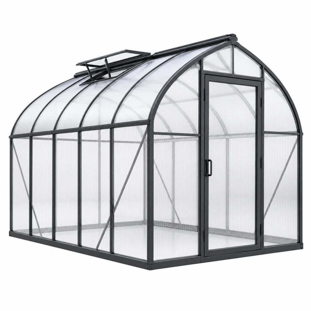 Serre de jardin 240 x 190 x 195 cm en aluminium noir et polycarbonate avec lucarne de toit