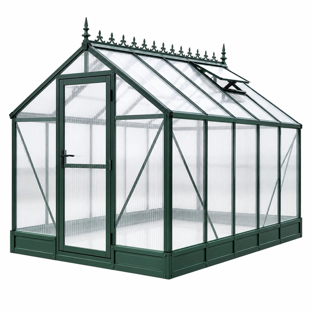 Serre de jardin 244 x 192 x 230 cm en métal vert avec panneaux translucides et lucarne ouvrante style victorien