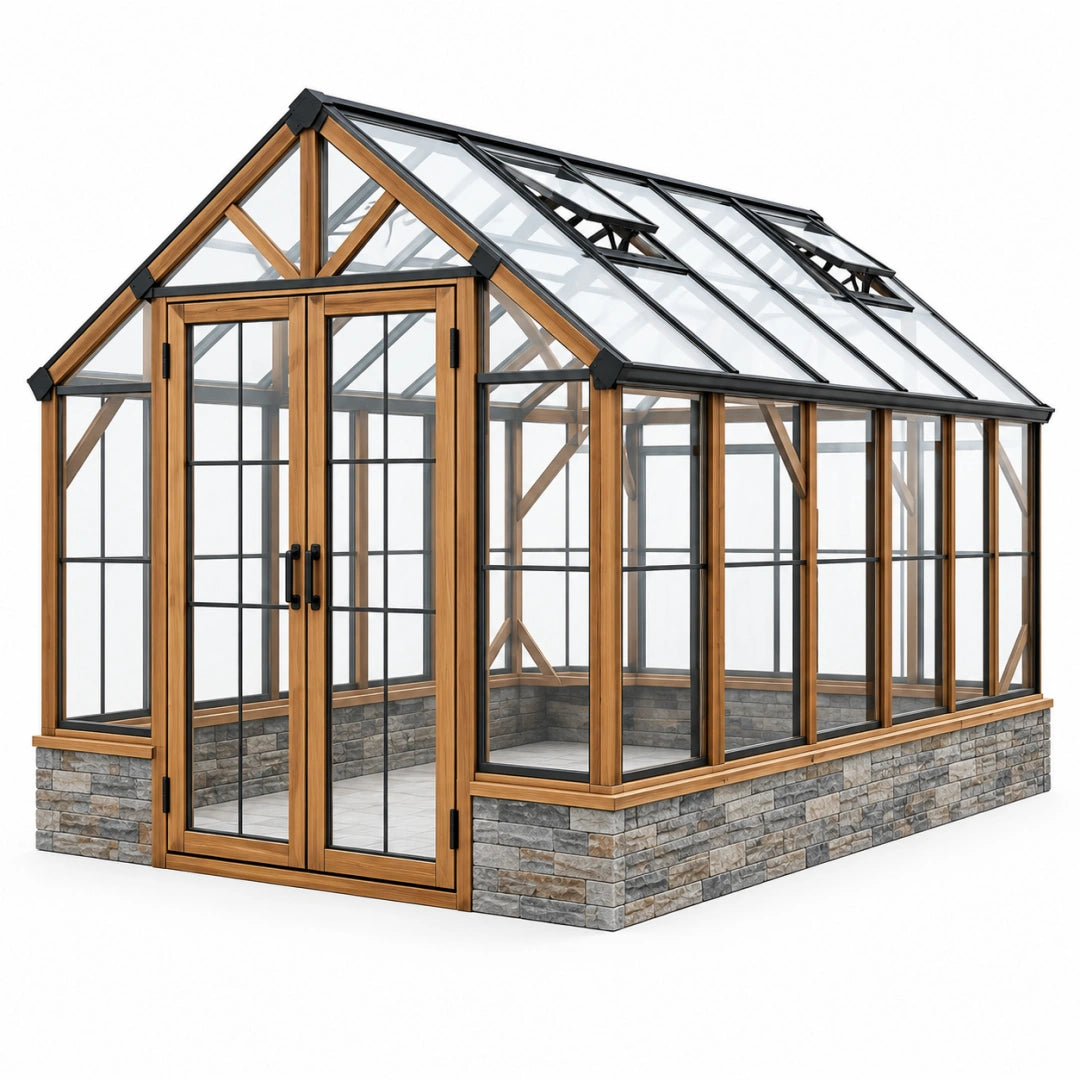 Serre de jardin 400 x 300 x 300 cm bois naturel verre et métal noir classique avec ouvertures de toit