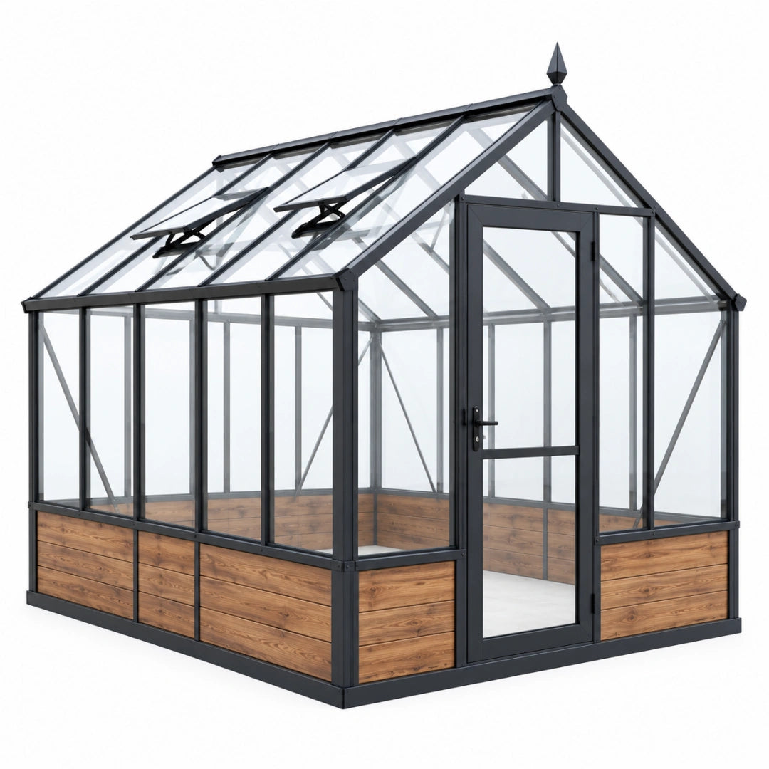 Serre de jardin 240 x 180 x 240 cm en métal noir et bois avec panneaux transparents style classique