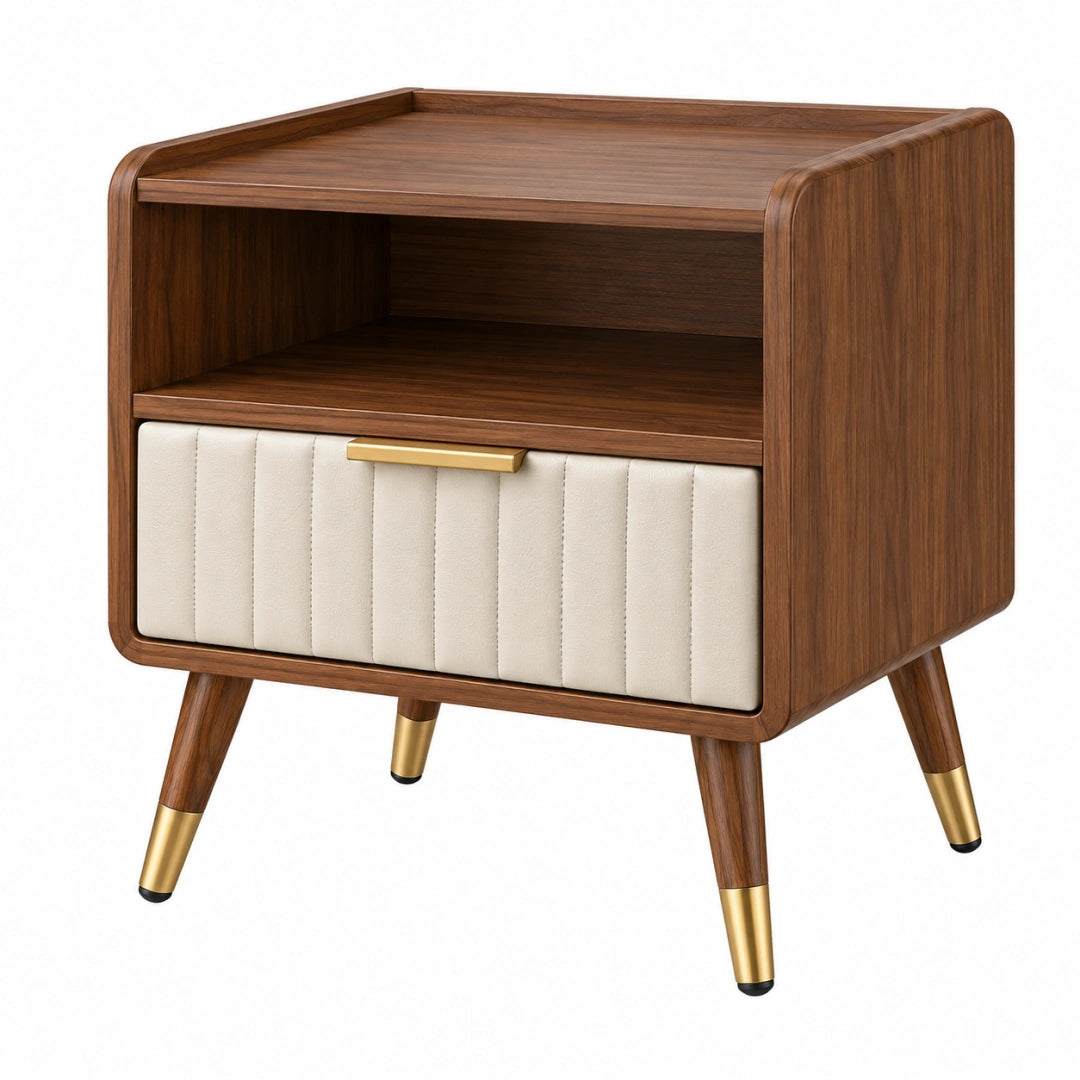 Table de chevet 50 x 40 x 60 cm en bois brun et tissu beige avec tiroir style rétro