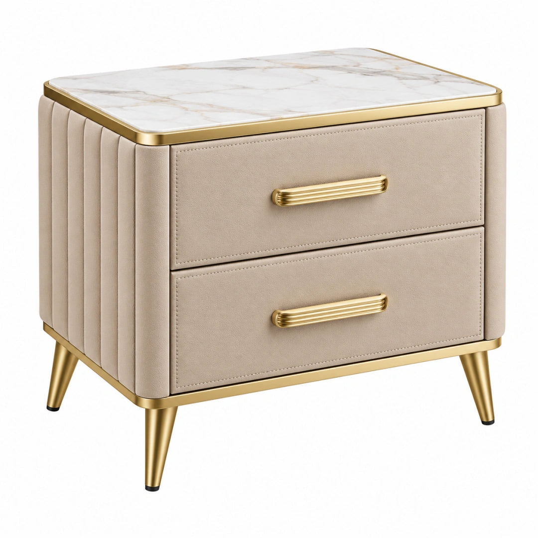 Table de chevet 50 x 45 x 55 cm en revêtement beige effet marbre et métal doré avec 2 tiroirs