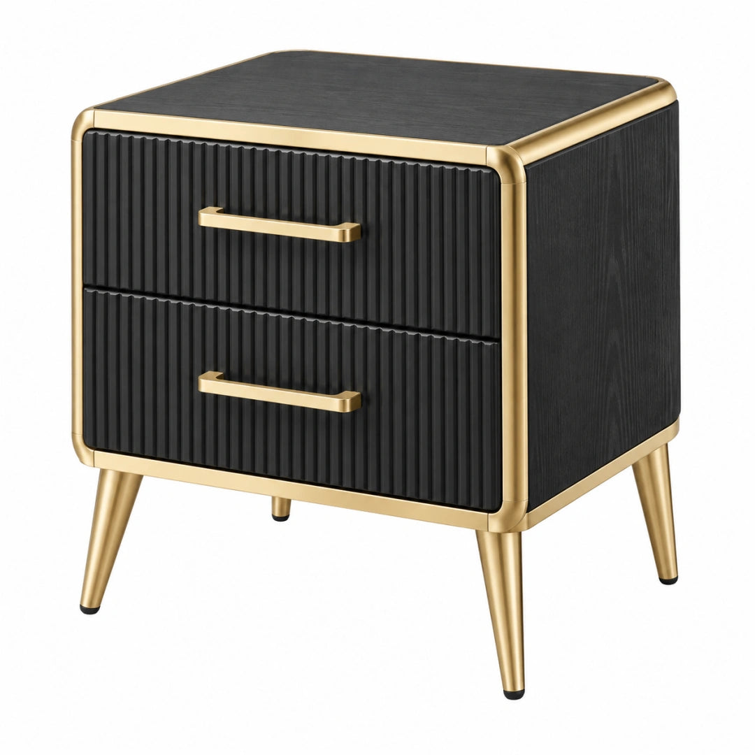 Table de chevet 50 x 40 x 60 cm en bois noir et métal doré à 2 tiroirs style moderne