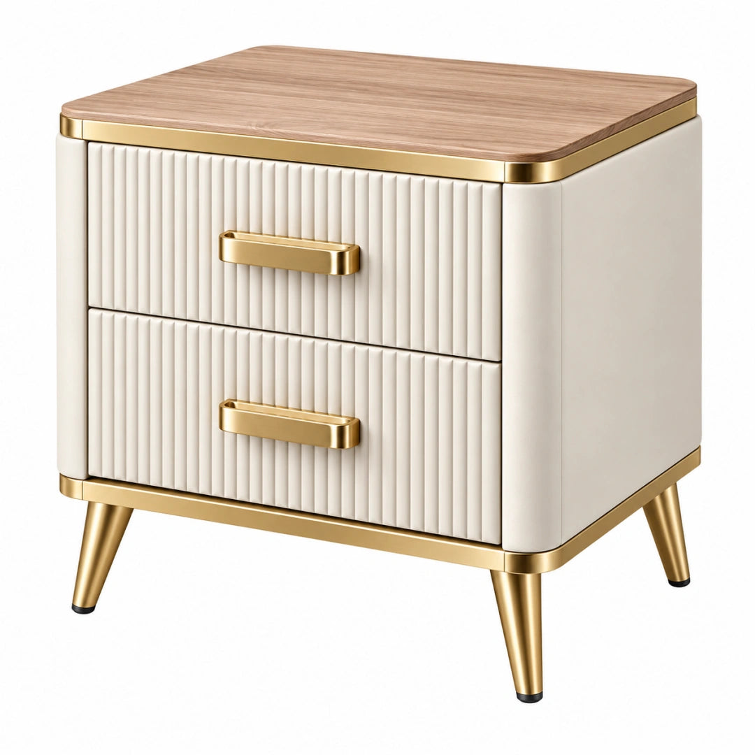 Table de chevet 50 x 40 x 55 cm en bois blanc et doré à 2 tiroirs style moderne