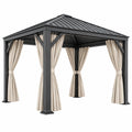 Tonnelle de jardin 400 x 400 cm en aluminium anthracite avec toit rigide et rideaux style contemporain