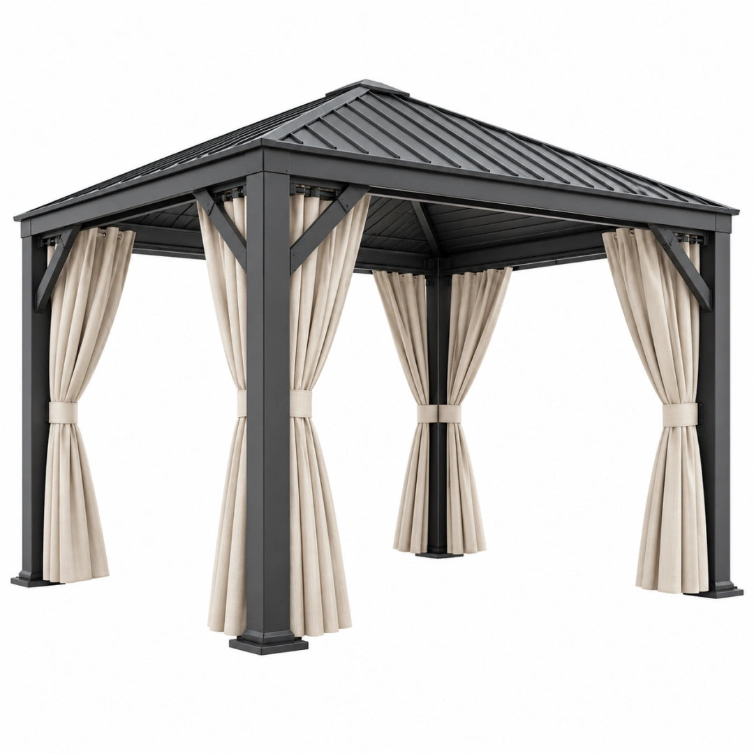 Tonnelle de jardin 400 x 400 cm en aluminium anthracite avec toit rigide et rideaux style contemporain