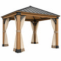 Tonnelle de jardin 300 x 300 x 280 cm aluminium aspect bois avec toit métal et rideaux beige style contemporain