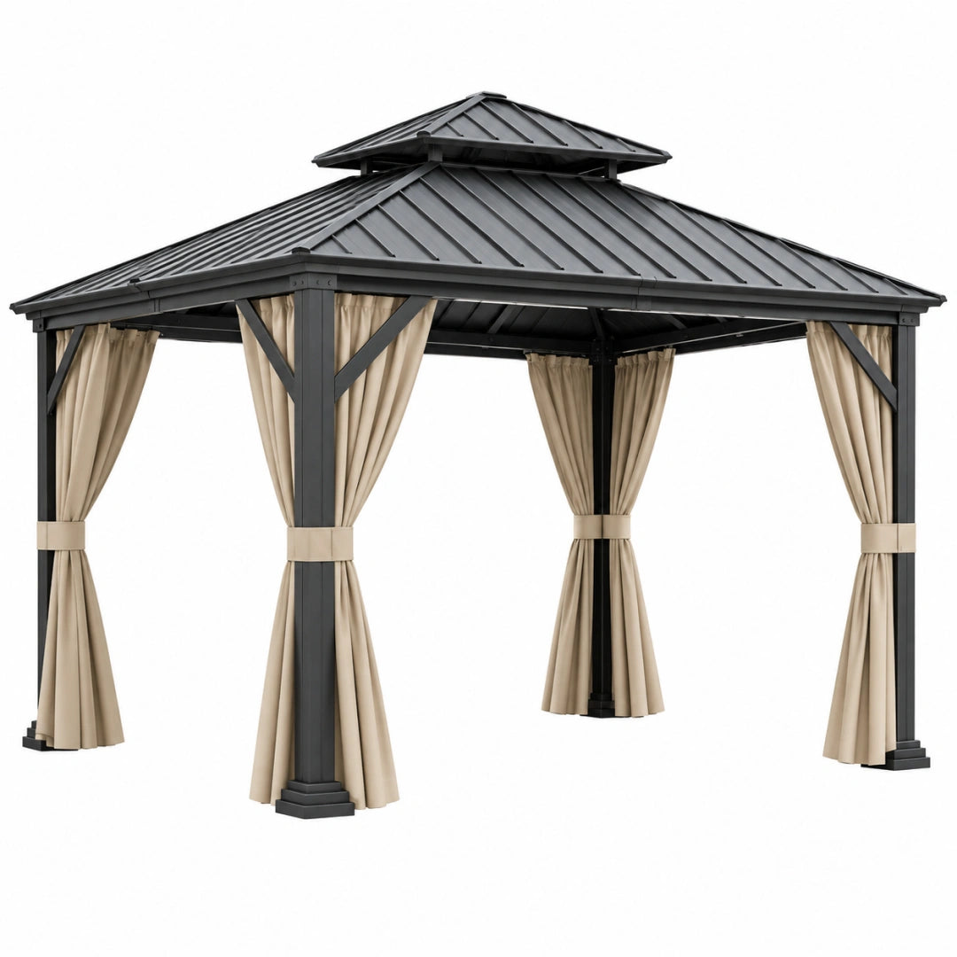 Tonnelle de jardin 300 x 300 cm en acier gris anthracite avec rideaux style pavillon