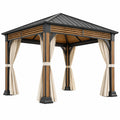 Tonnelle de jardin 300 x 300 x 285 cm en acier noir avec rideaux beiges style pavillon