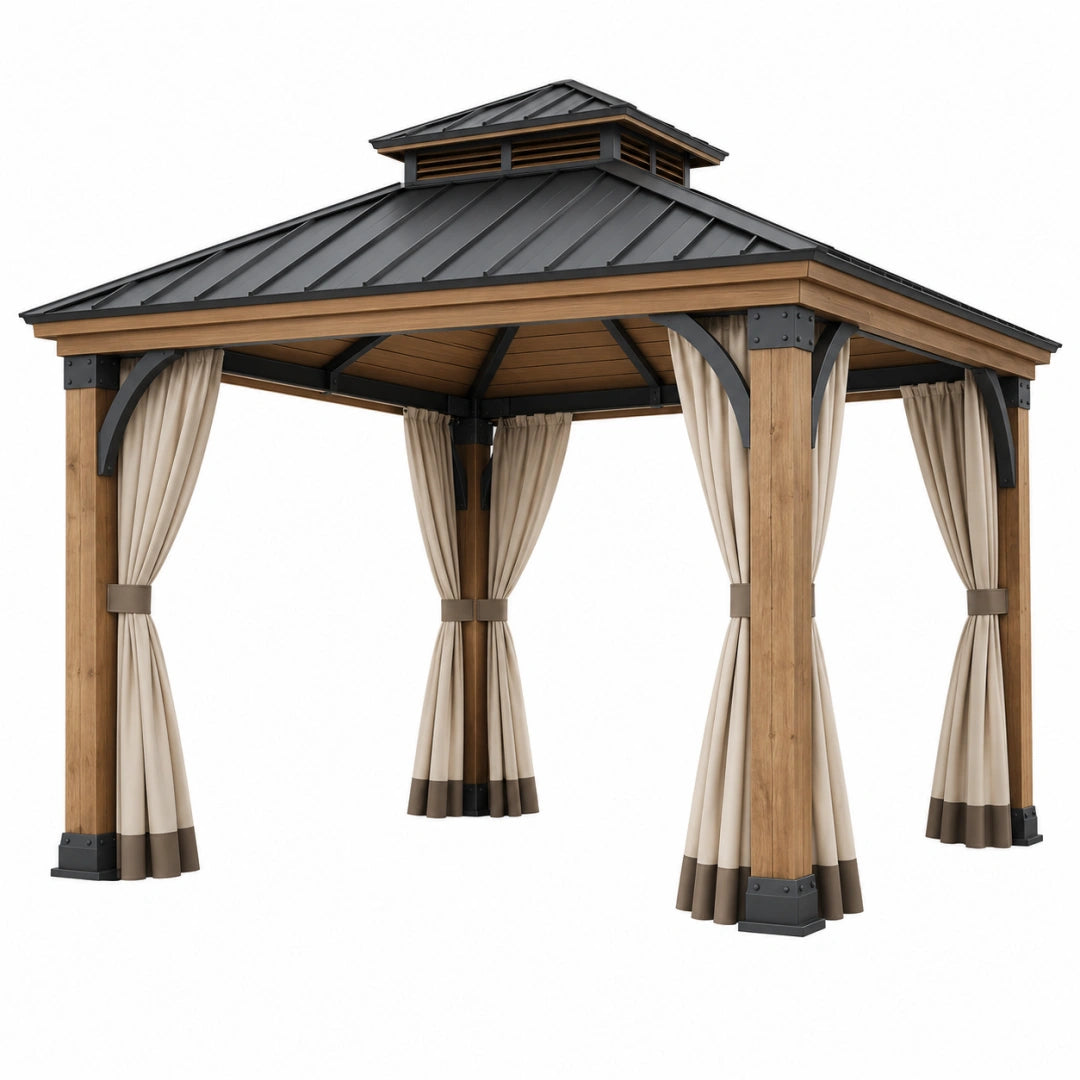 Tonnelle de jardin 300 x 300 cm en bois et métal marron avec rideaux toit ventilé
