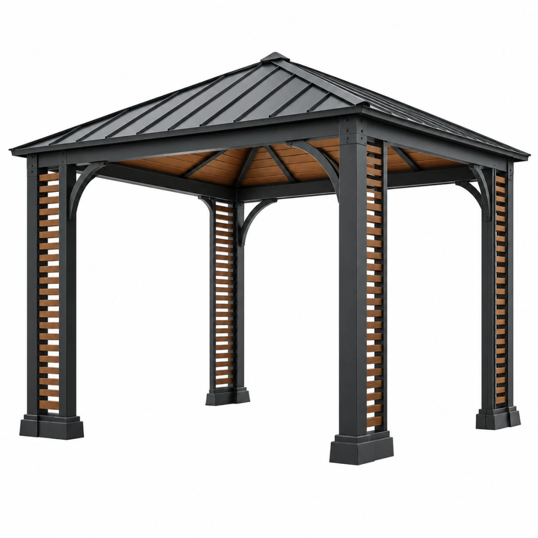Tonnelle de jardin 300 x 300 cm en acier noir et brun avec toit rigide