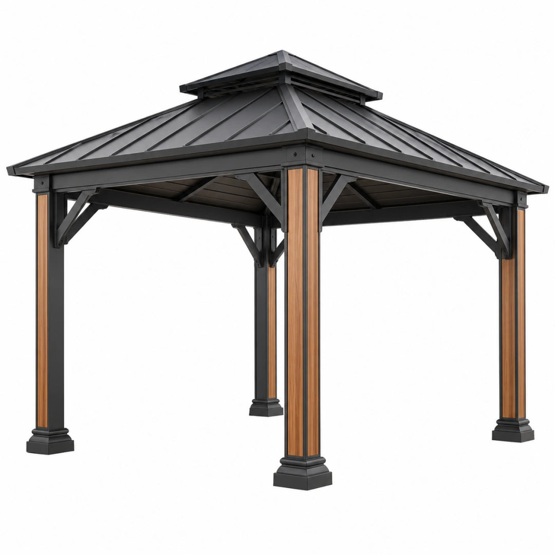 Tonnelle de jardin 300 x 300 x 290 cm en métal noir et marron avec toiture rigide