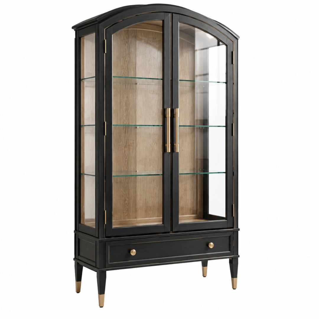 Vitrine 100 x 45 x 190 cm en bois noir et verre avec tiroir style classique
