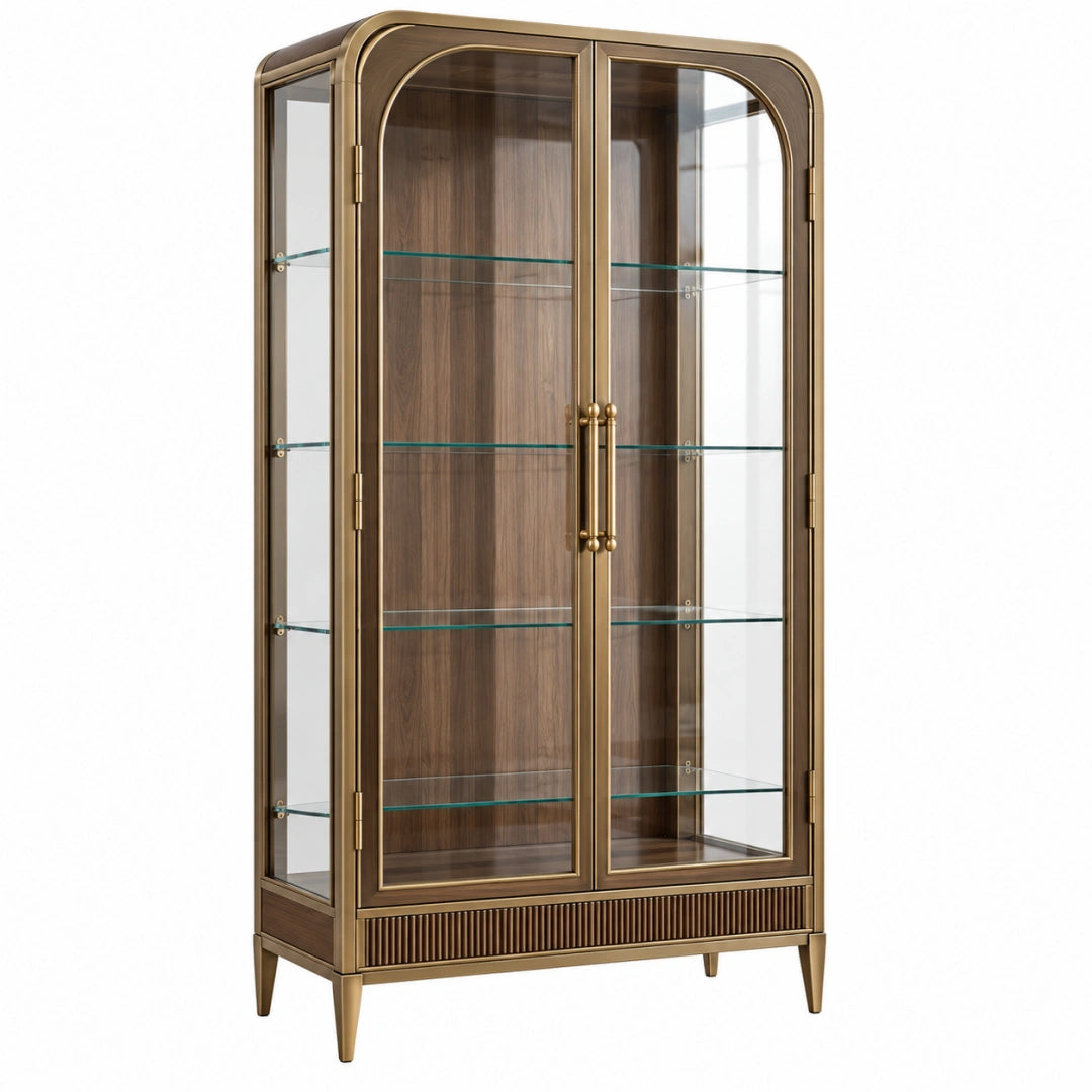 Vitrine 90 x 45 x 190 cm en verre bois et métal brun doré à 2 portes