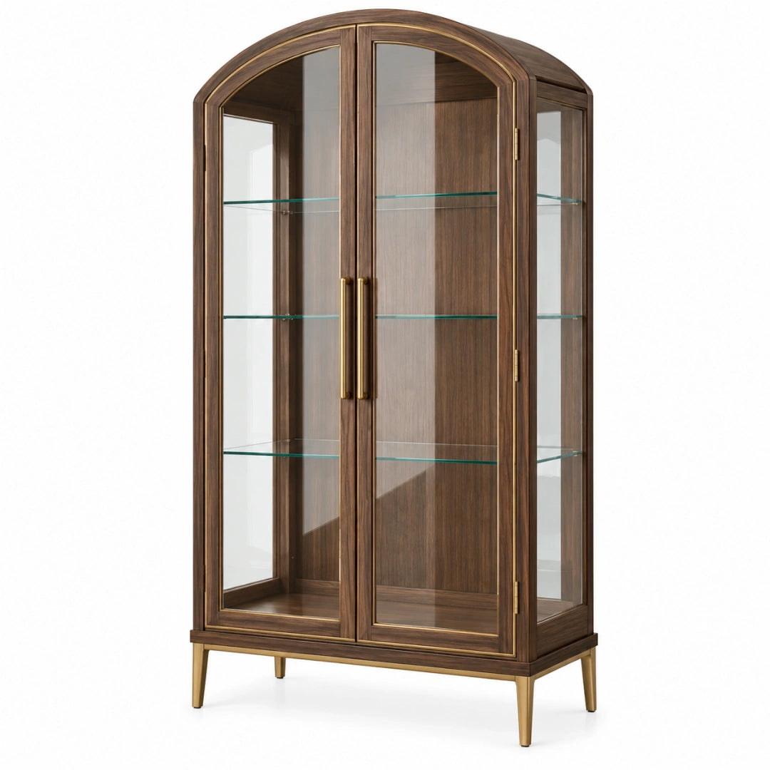 Vitrine 90 x 42 x 190 cm en bois brun et verre avec portes vitrées style classique