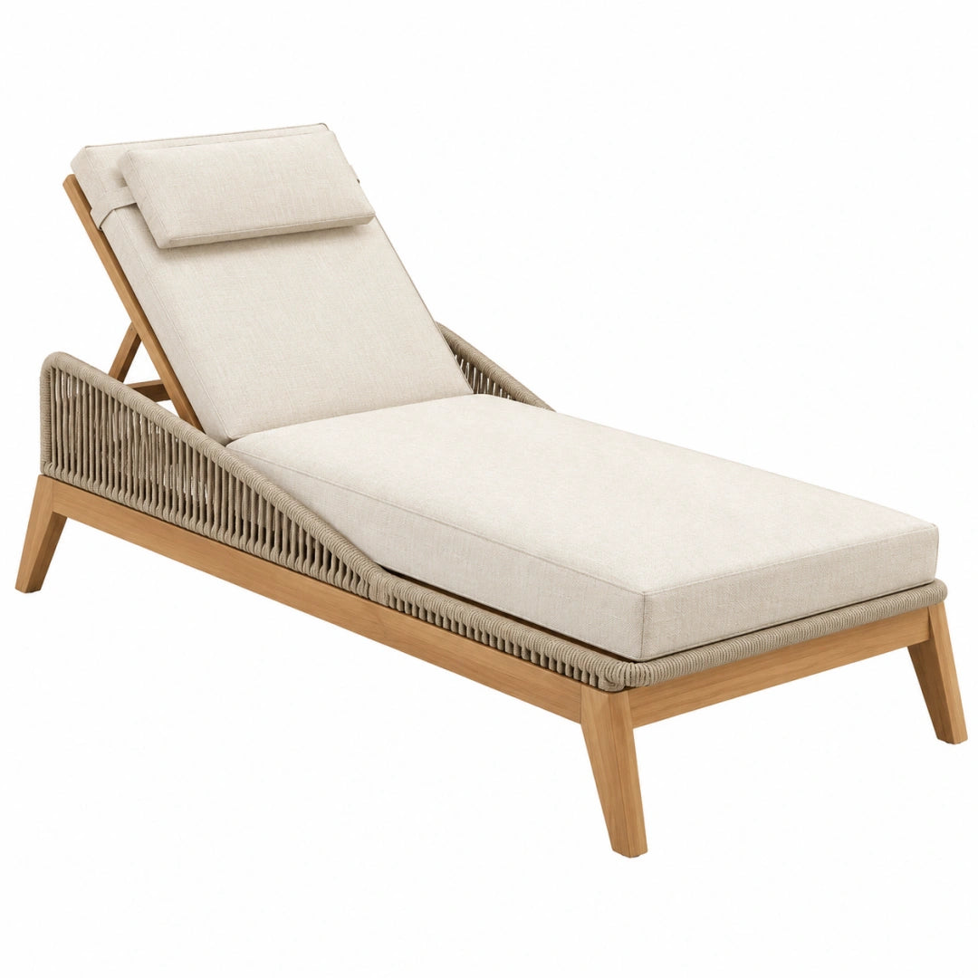 Chaise longue de jardin 200 cm en bois naturel et textile beige avec dossier inclinable