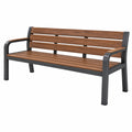Banc de jardin 150 cm en bois marron et métal noir avec dossier et accoudoirs