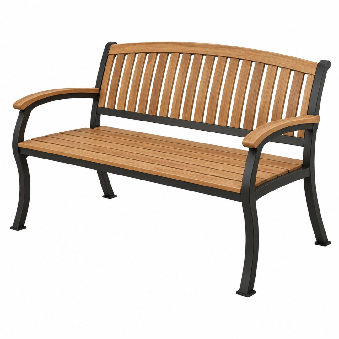Banc de jardin 122 x 62 x 88 cm bois marron et métal noir à lattes avec accoudoirs